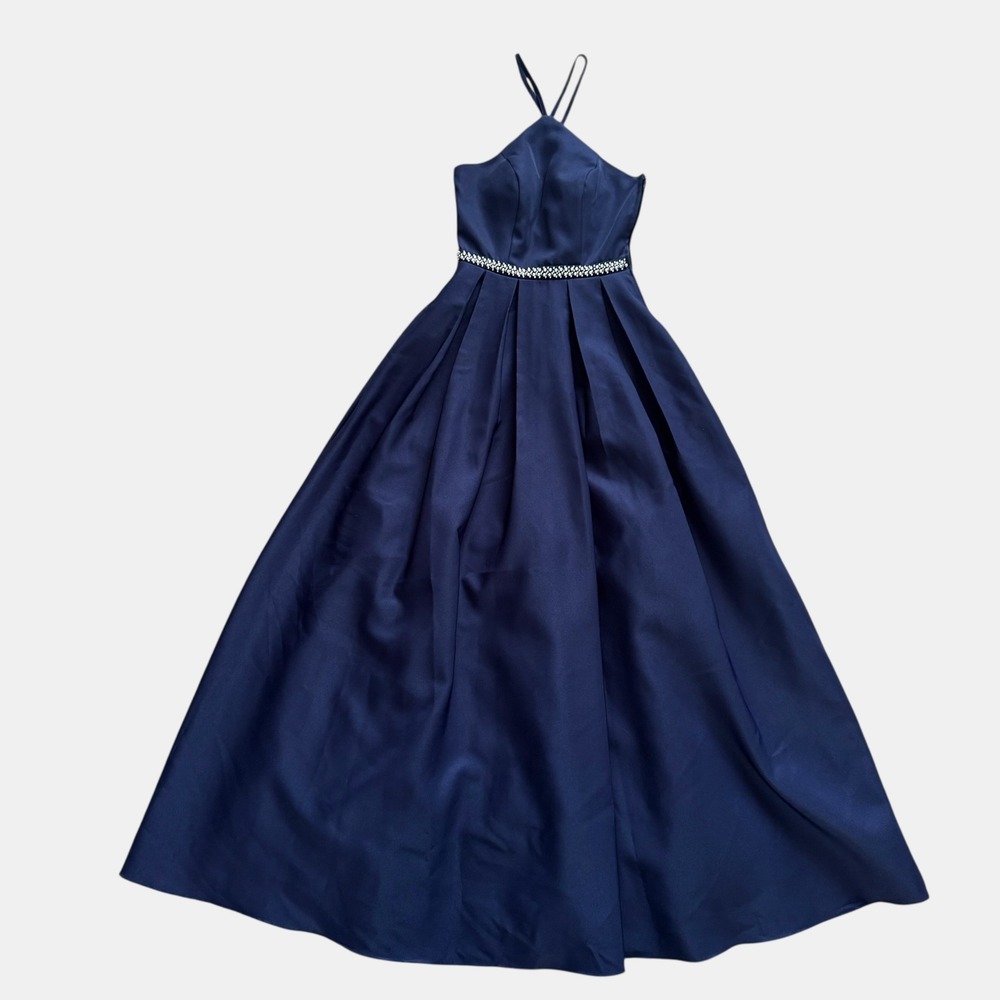 Speechless Navy Blue Halter Ball Gown Beaded Strappy Back Prom Dress Sz 1 Formal